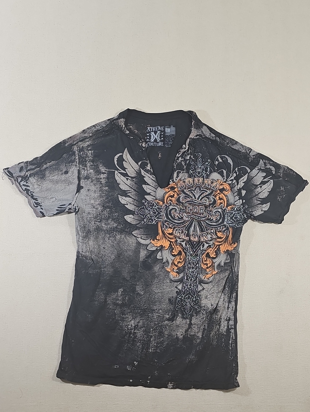 Men’s Black Graphic V-Neck Shirt with Orange Accents